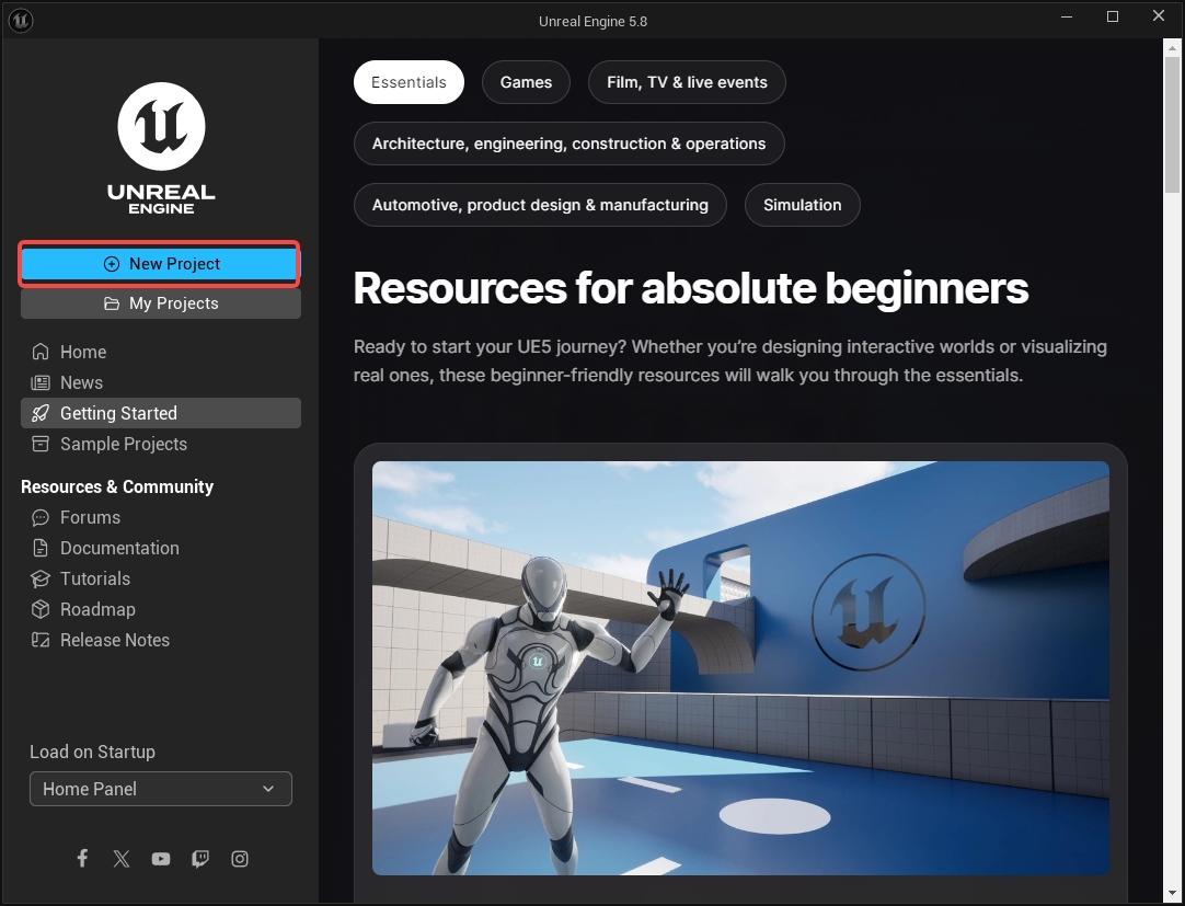 Create a new project in the project browser