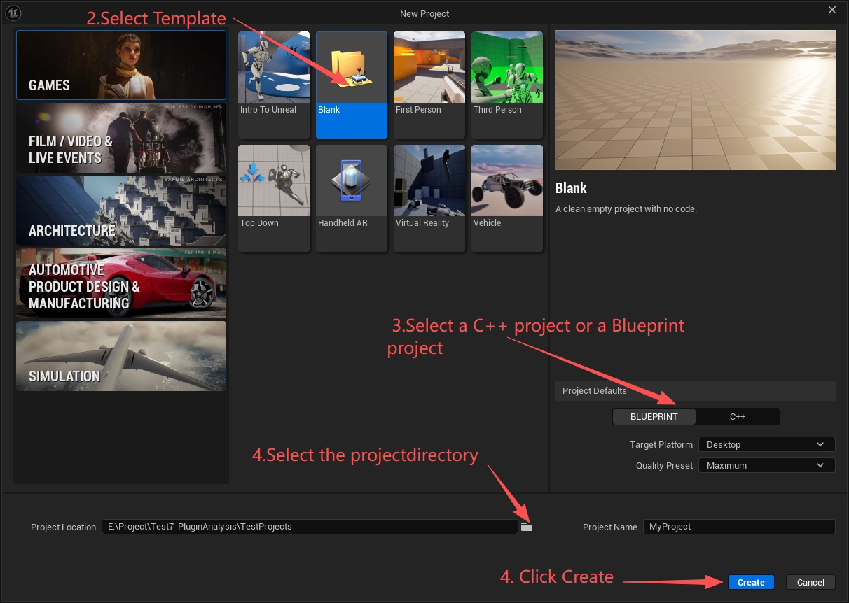 Configure project type, name, and save directory