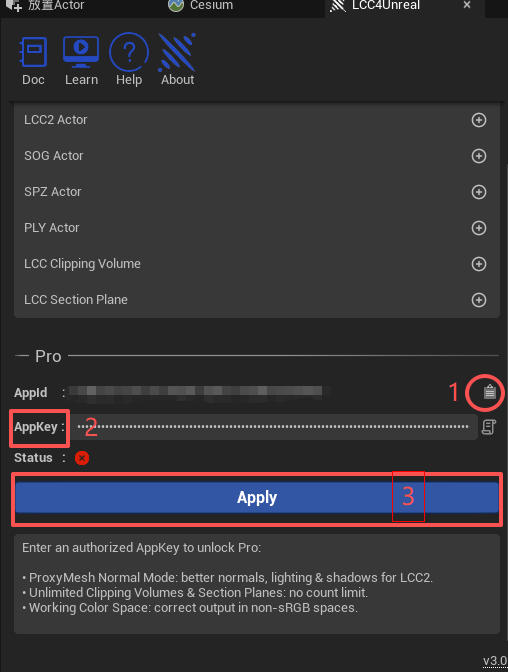 Register the App Key in the LCC4Unreal panel