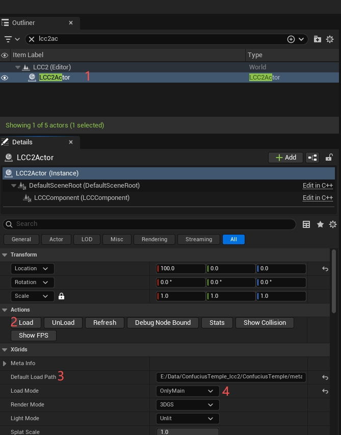 Set the LCC data load path in the Details panel