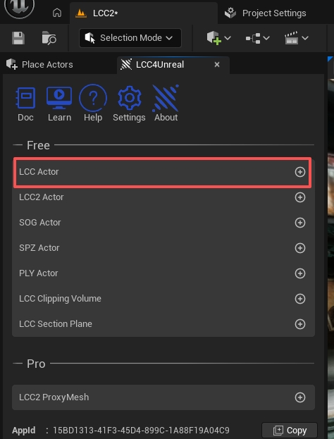 Add LCC2Actor to the scene in the LCC4Unreal panel