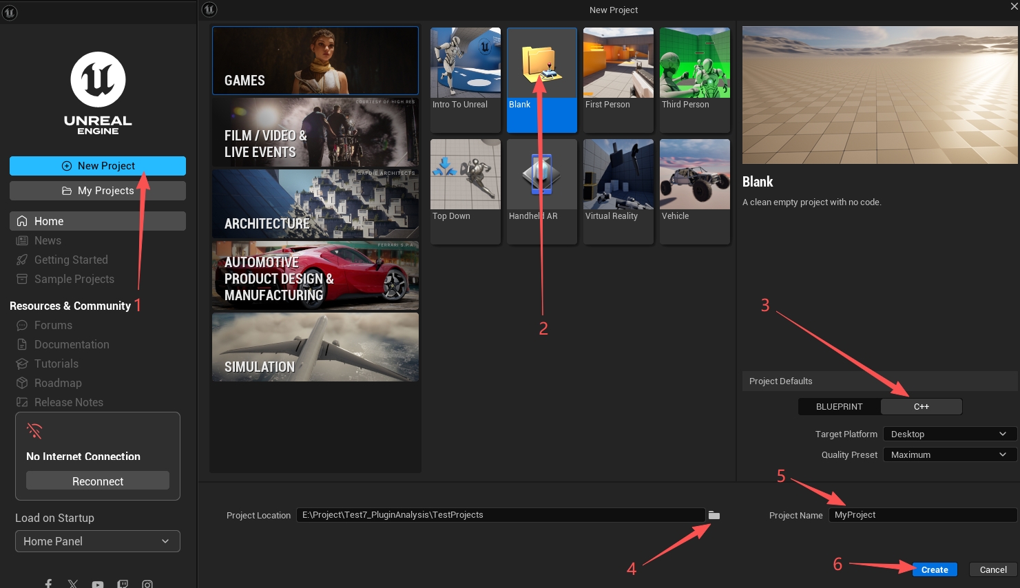 Select Games and the Blank C++ template in the Unreal Project Browser