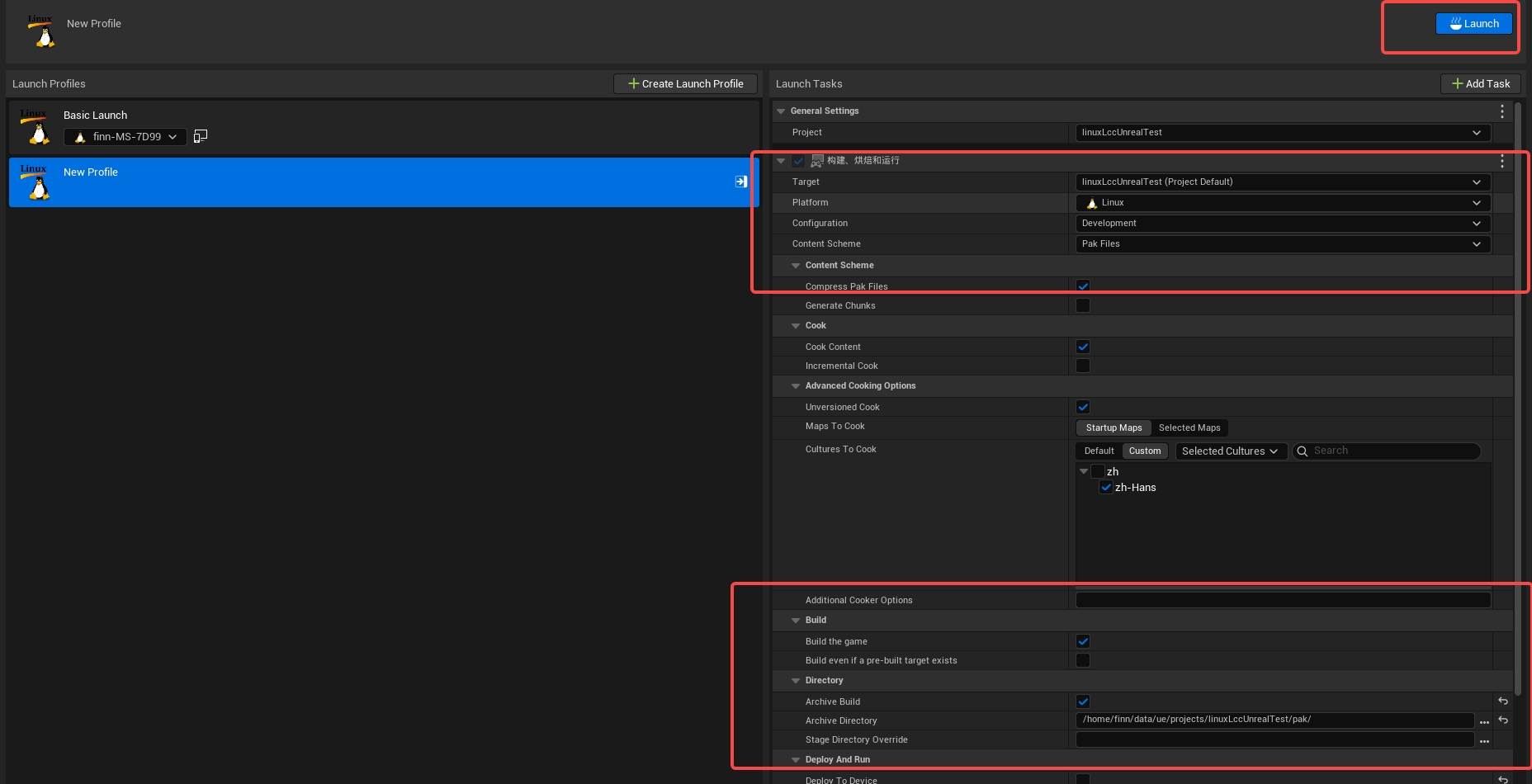 Select Linux and Pak and set the archive directory in the Project Launcher custom profile