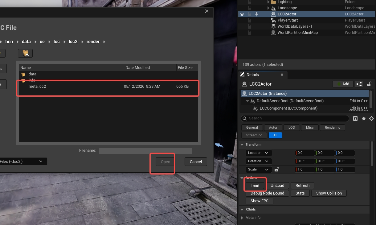 Select and load lcc2 data in the Actions panel of LCC2Actor