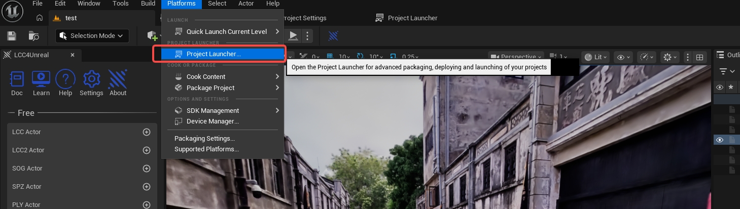 Open Project Launcher from the Unreal Engine Platforms menu