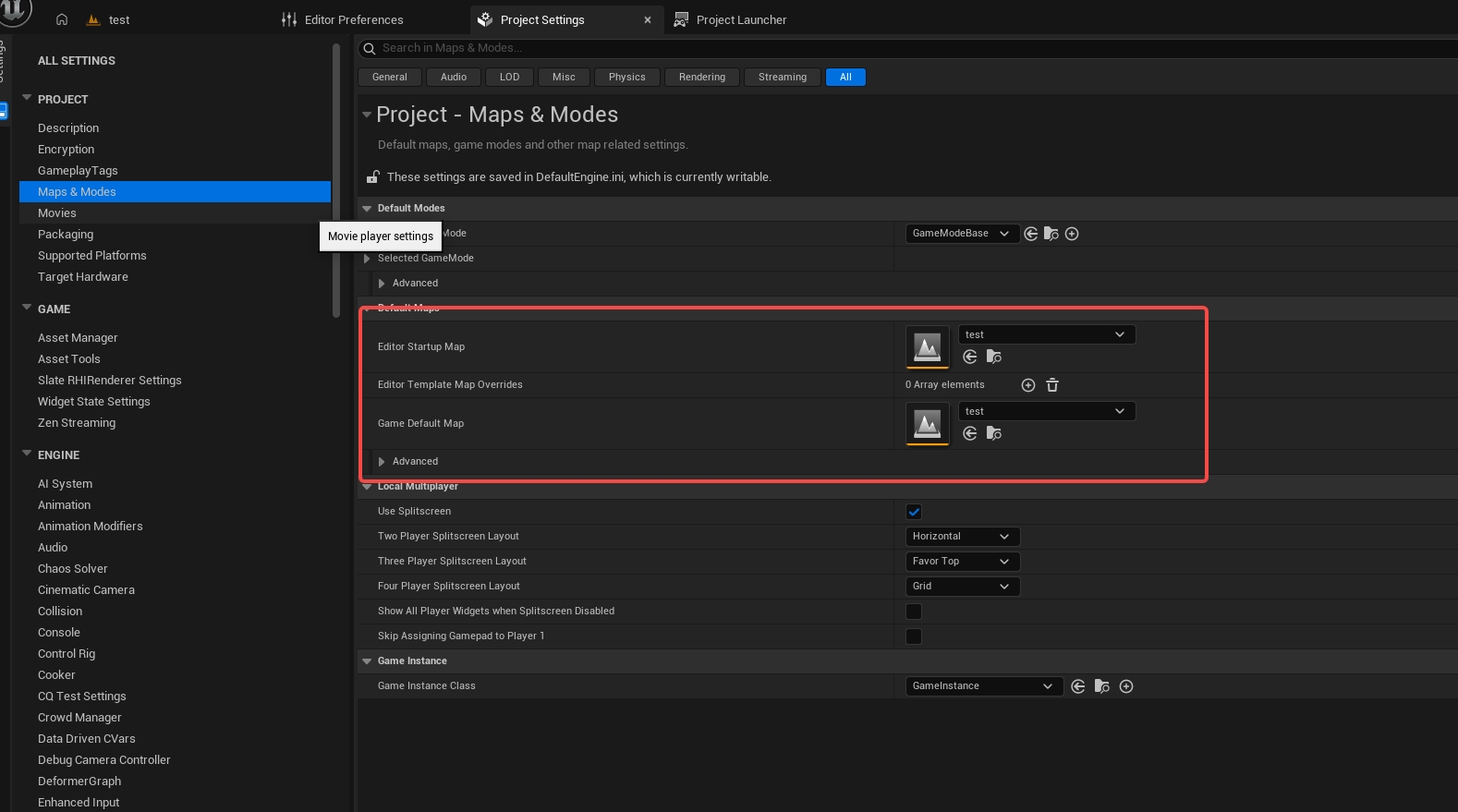 Set the Game Default Map of the Unreal Engine project in Maps and Modes