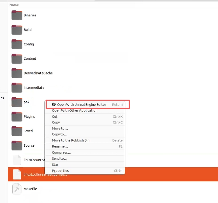 Right-click to open a uproject with Unreal Engine Editor in the Linux file manager
