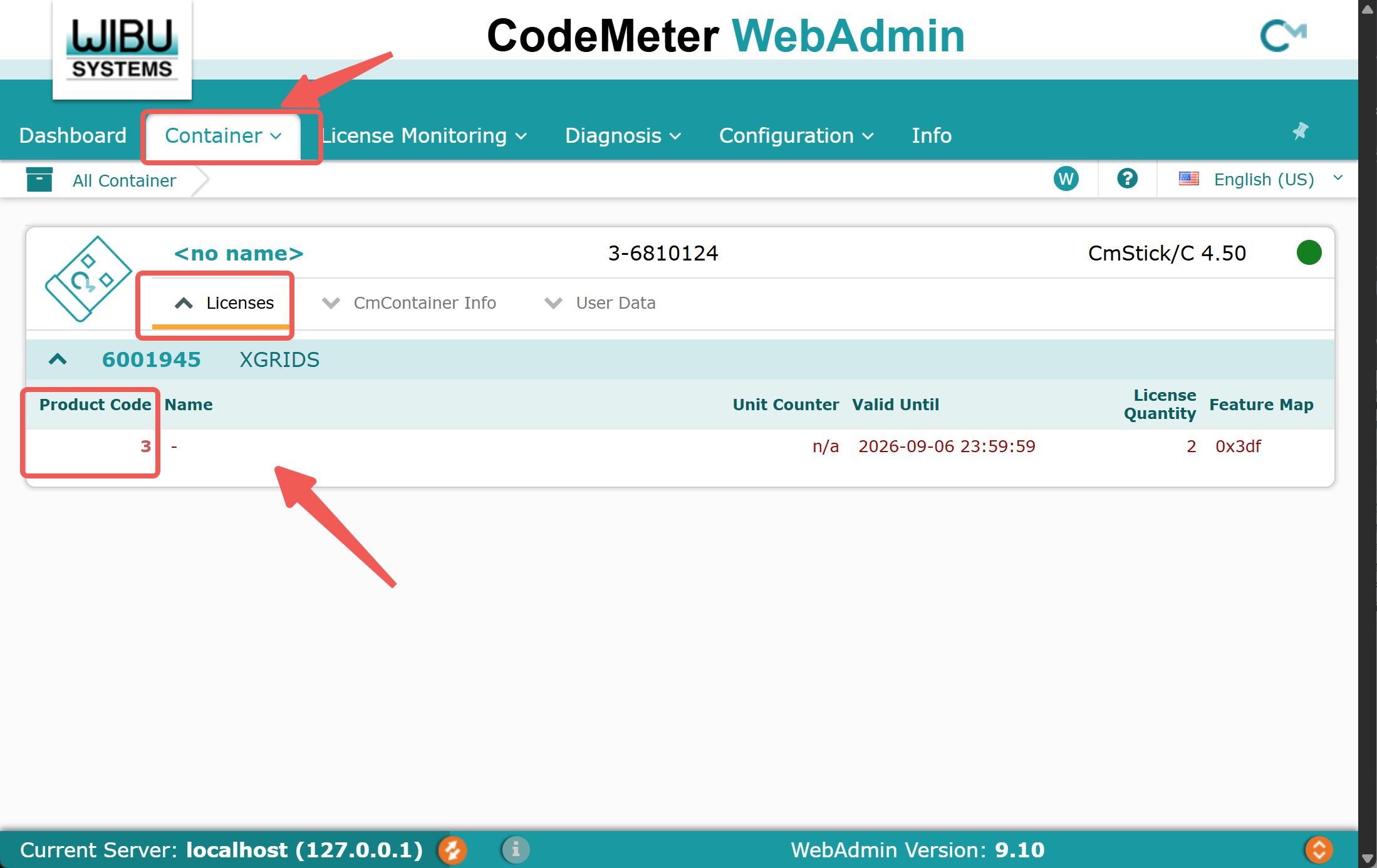 CodeMeter WebAdmin Container page in the English interface. Red marks highlight the Container tab and the Licenses tab of the CmContainer card (serial number 3-6810124, CmStick/C 4.50). The license list of firm code 6001945 XGRIDS shows the Product Code, Name, Unit Counter, Valid Until, License Quantity and Feature Map columns, with the Product Code column boxed in red.