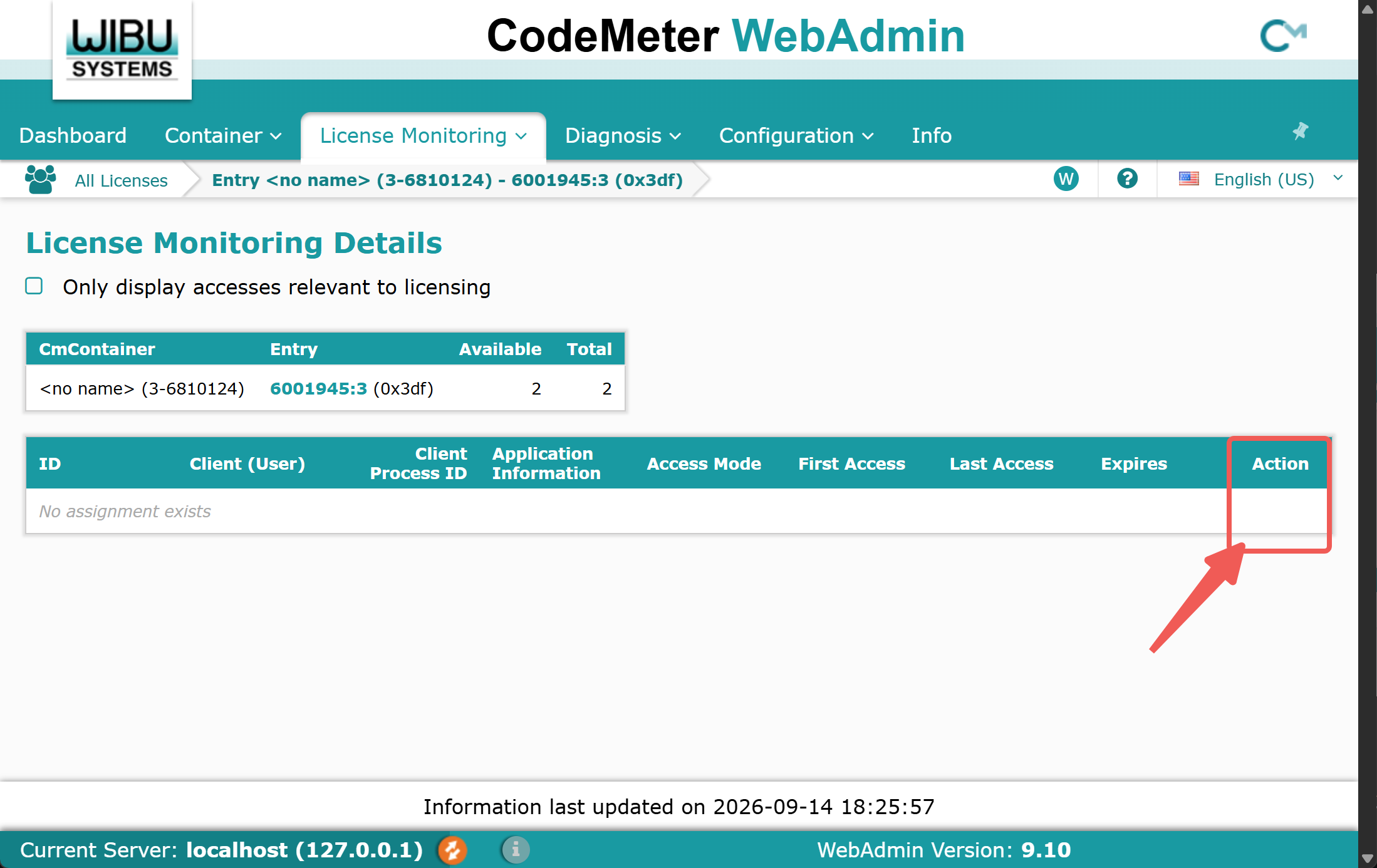 CodeMeter WebAdmin License Monitoring Details page in the English interface. The table lists ID, Client (User), Client Process ID, Application Information, Access Mode, First Access, Last Access and Expires, and a red box and arrow highlight the Action column, which is used to release a license manually.
