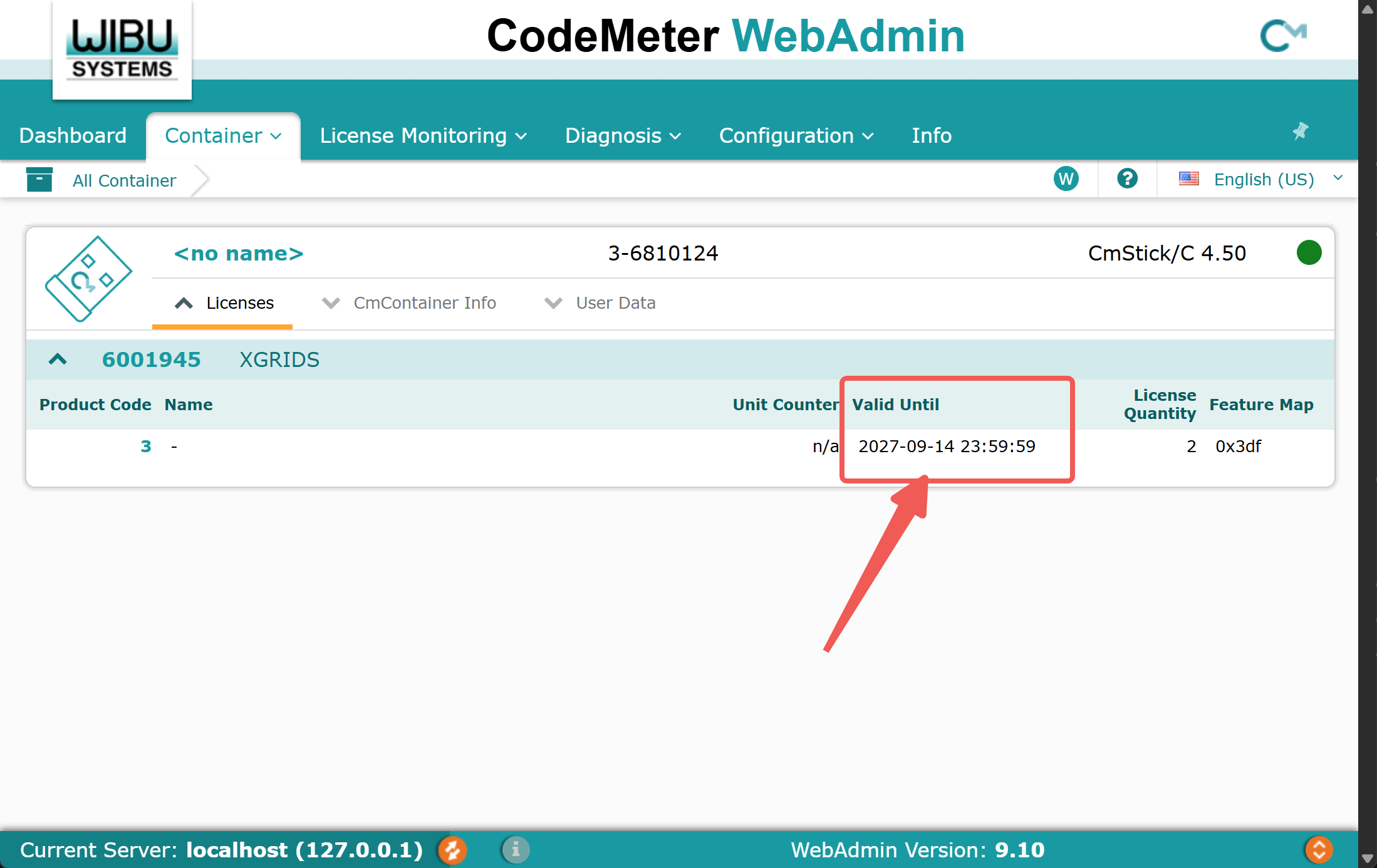 CodeMeter WebAdmin Container page in the English interface, showing the licenses after the update. A red box and arrow highlight the Valid Until column of firm code 6001945 XGRIDS, which now reads 2027-09-14 23:59:59, together with the License Quantity and Feature Map columns.