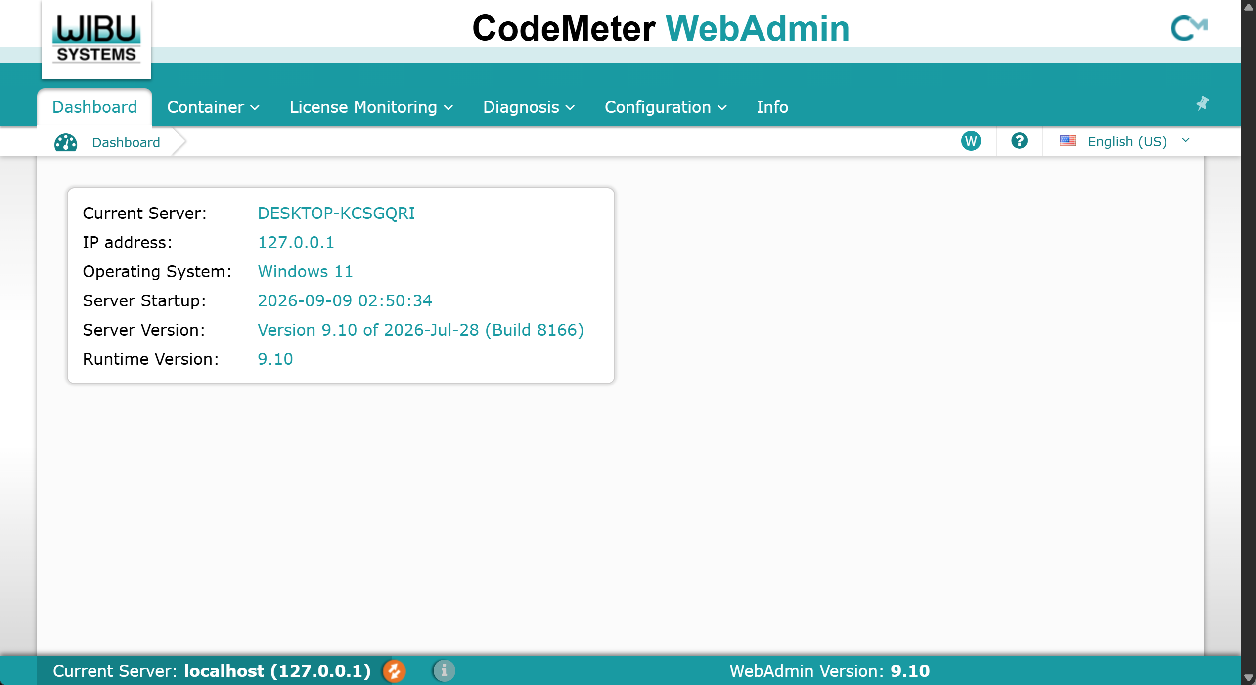 CodeMeter WebAdmin Dashboard page in the English interface. The top navigation bar contains Dashboard, Container, License Monitoring, Diagnosis, Configuration and Info, and the Dashboard panel lists Current Server, IP address, Operating System, Server Startup, Server Version and Runtime Version. This is the management page opened on the licensing server itself, which has write permissions.