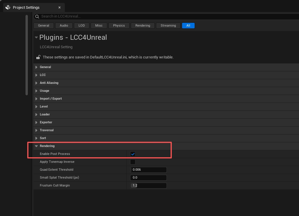 LCC4Unreal post-processing settings