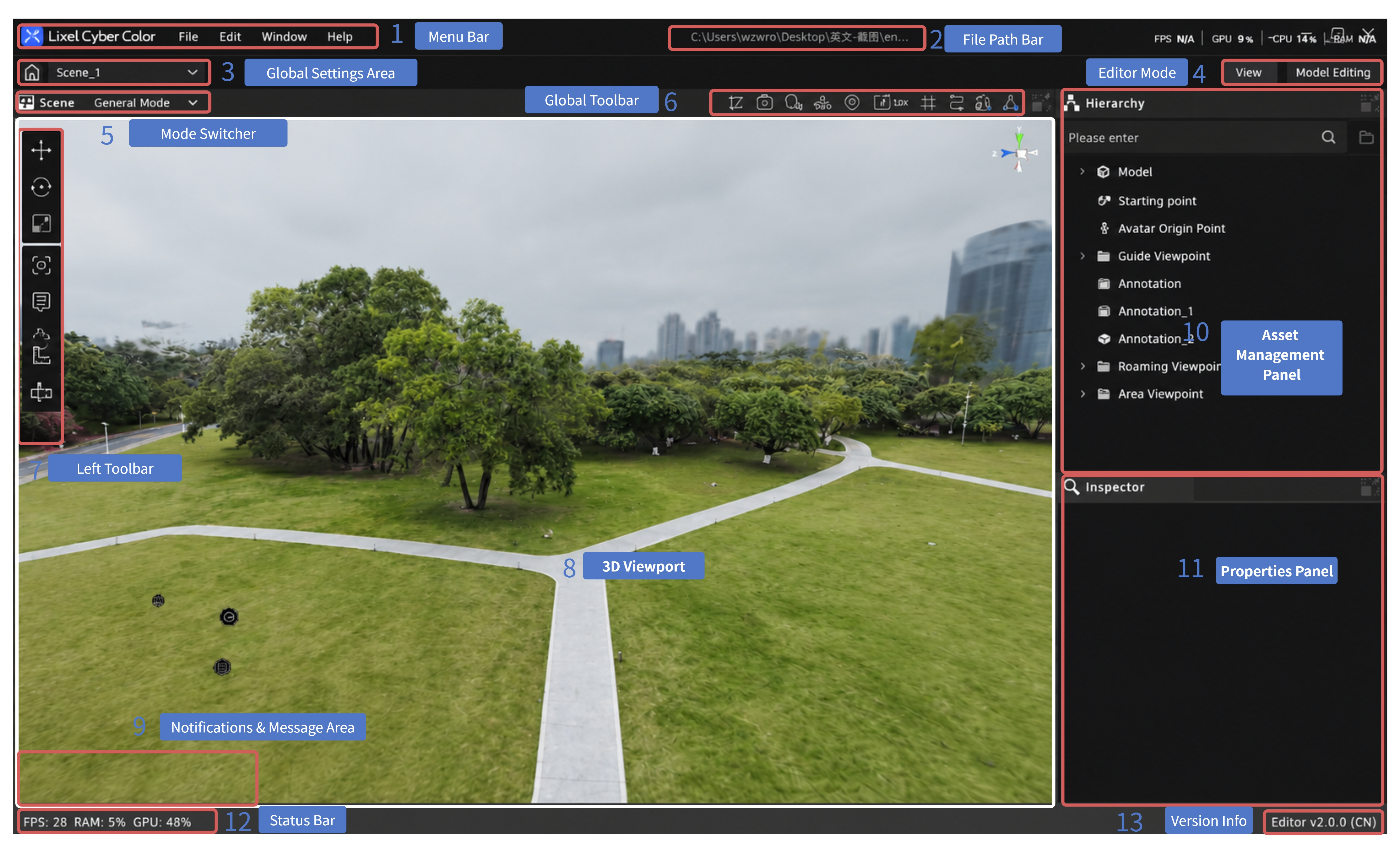 LCC Scene Editor interface layout