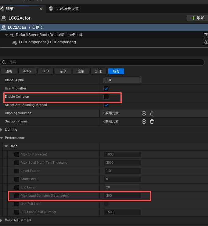 Collision enable and maximum load distance properties