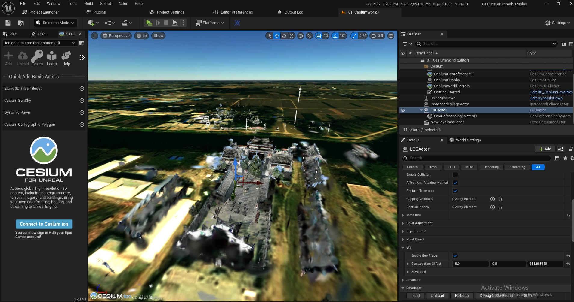 Geographic placement result of an LCC scene in Cesium