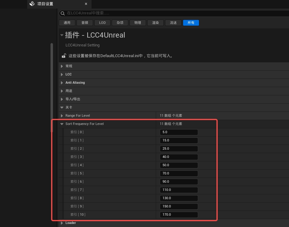 各 LOD 层级排序频率设置