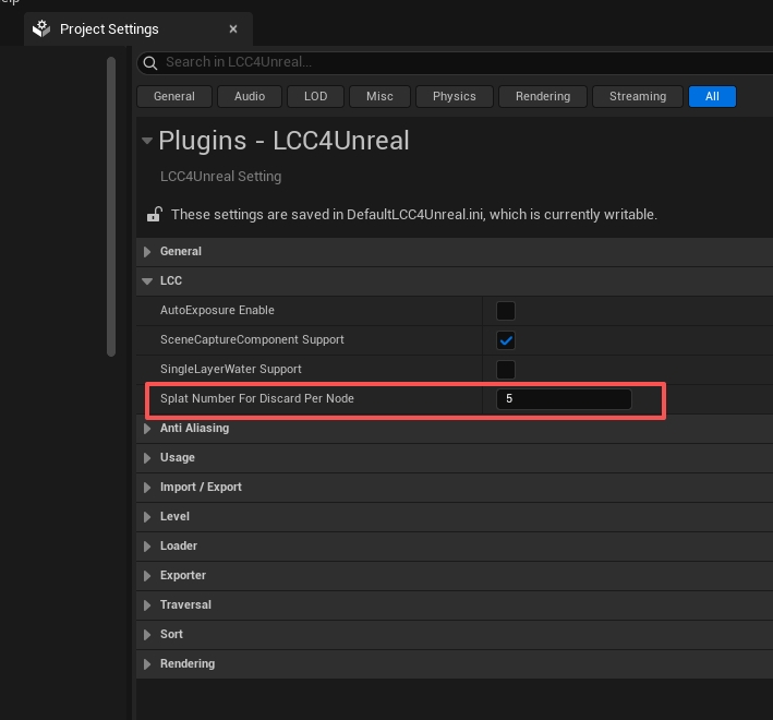 Sparse splat discard threshold setting per node