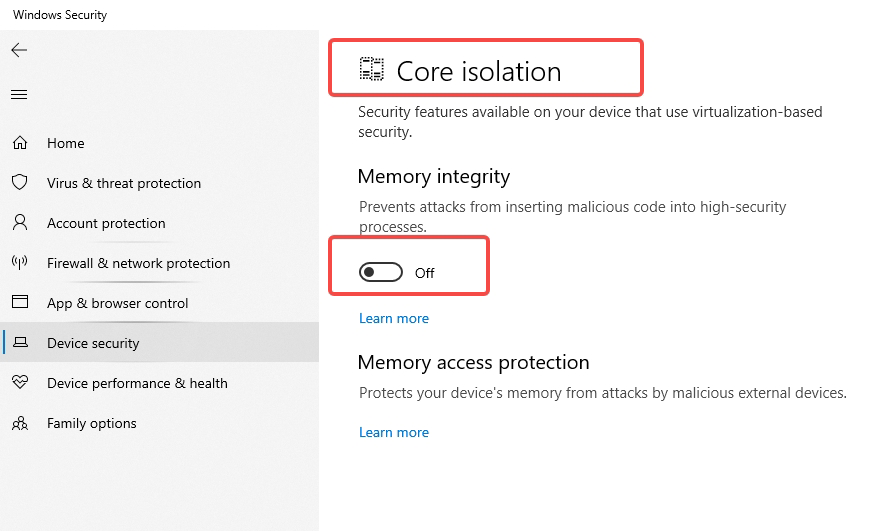 Disable Core Isolation