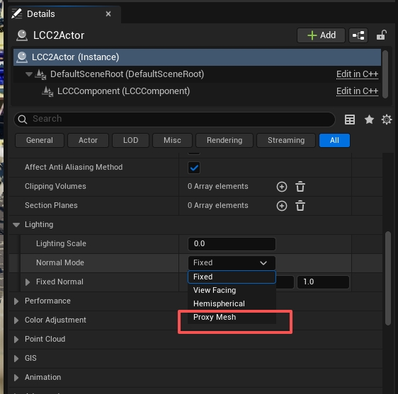 Enabling Lit and selecting the ProxyMesh normal mode
