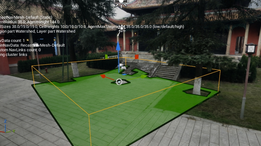Pressing P to show the green walkable NavMesh areas in an LCC scene